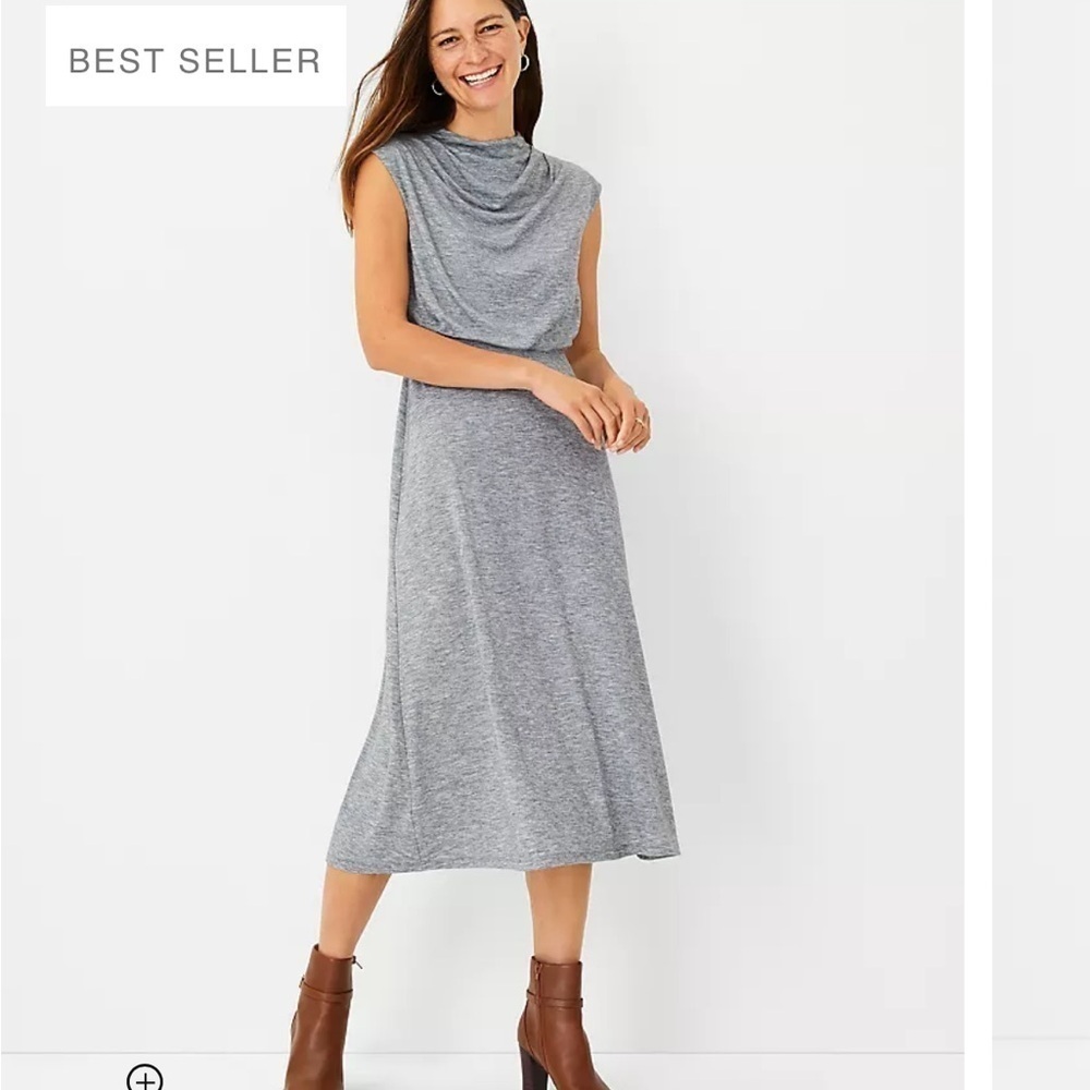 NWT Ann Taylor Mock Neck Blouson Flare Dress Grey Pleated Cap Sleeve Cinched